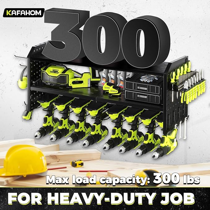 KAFAHOM Power Tool Organizer，Large 8 Drill Holder Wall Mount ，Heavy Duty Metal Tool Shelf with 12 Hooks，Storage Rack for Gara