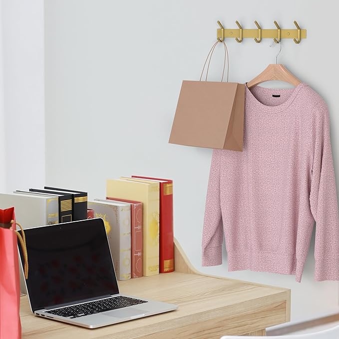 Brushed Gold Wall Mounted Coat Rack – 15 Inch Stainless Steel Rail with 5 Double Coat Hooks for Entryway, Bathroom, Bedroom, 