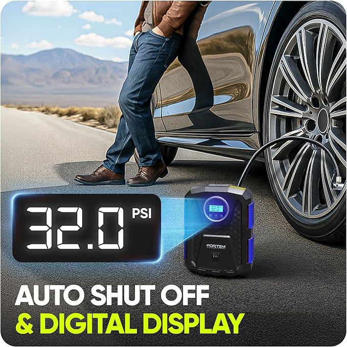 FORTEM Tire Inflator Portable Air Compressor, Air Pump for Car Tires and Bikes, Car Tire Pump w/Auto Shut Off, 150 PSI, 12V DC, LED Light, Carrying Case, for Men, Women