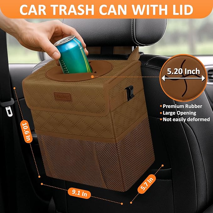 Car Trash Can for Cute, Bag Bin Hanging Waterproof Automotive Car Garbage Cans Leak Proof Vehicle Trash Can Diamond Pattern-Brown