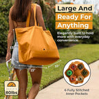 VeraMia Canvas Grocery Bag 3pc XL Set with Real Pockets, Long Shoulder Strap and Short Handle. Heavy Duty, Foldable, Washable