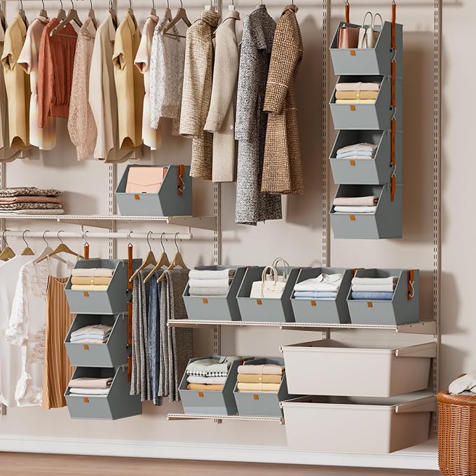Homsorout Hanging Closet Organizer 4 Tier - Clothes Hanging Shelves, Space-Saving Closet System, Fabric Storage Bins Bedroom 
