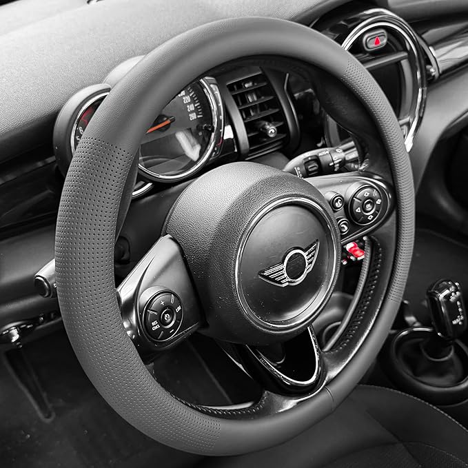 PINCTROT Large Size Nappa Leather Steering Wheel Cover, Slim Fit No Bulk Design, One Piece Leather with Breathable Perforatio