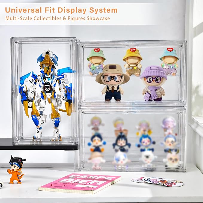 Freebat Clear Acrylic Display Case for Collectibles - 3-Tier Adjustable Figure Display with Magnetic Door & Removable Shelves