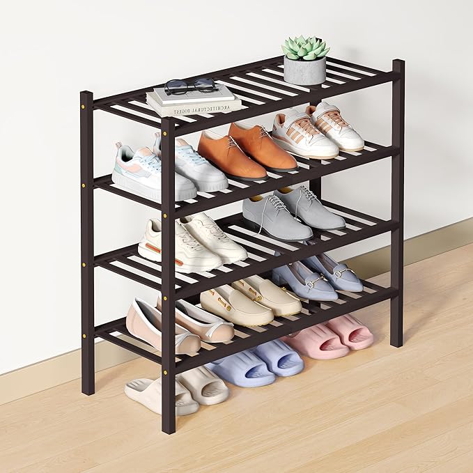 Smiry Bamboo Shoe Rack for Closet, 4 Tier Wooden Stackable Shoe Organizer, Free Standing Shoes Storage Shelf for Entryway, Fr