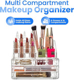 Masirs Clear Makeup Organizer - 16-Compartment Cosmetic and Jewelry Holder with 4 Drawers - Vanity Storage Box for Makeup, Sk