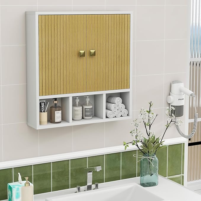 Bathroom Wall Cabinet,Wooden Medicine Cabinet with Fluted Doors Over The Toilet Storage Cabinet with Adjustable Shelf for Bat