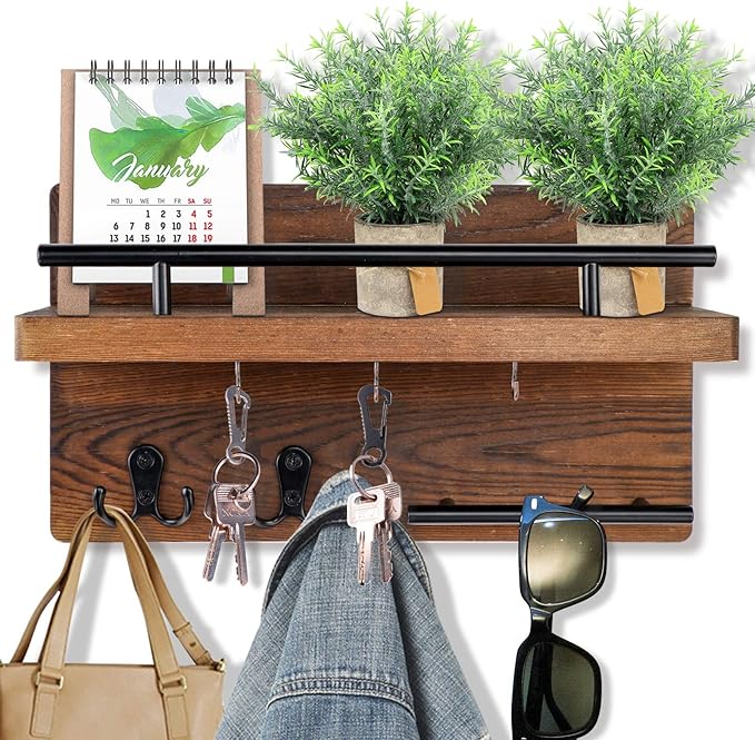 OurWarm Wall Mounted Key Holder/Hangers for Wall Decorative with 5 Key Hooks, Wooden Mail Rack Organizer with Shelf, Rustic H