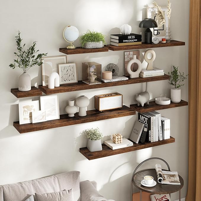 32 Inch Floating Shelves for Wall Set of 2, 8"D Wood Grain Bathroom Shelves with Invisible Brackets, Easy Install Engineered 