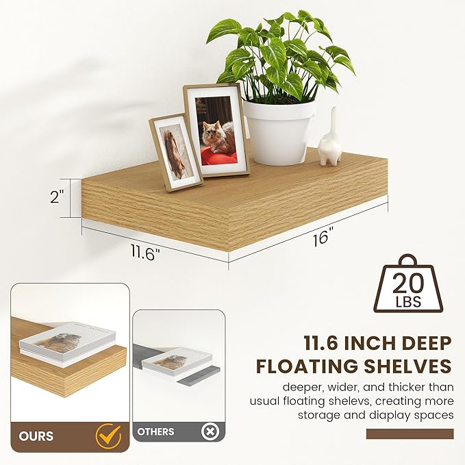 12 Inch Deep Floating Shelves | 16 Inch Oak Floating Shelves Set of 2 | 16W x 12D Rustic Shelves for Wall | Deep Wood Shelves