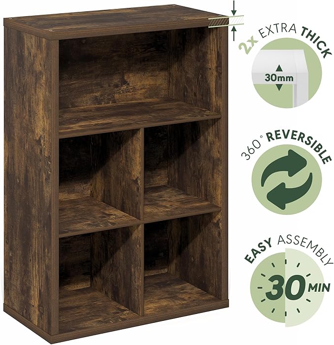 Furinno Cubicle Book Shelf, 5-Cube Bookshelf, Extra Thick Frame Cube Storage Organizer Bookcase with Closed Back, 15.3 x 29.9