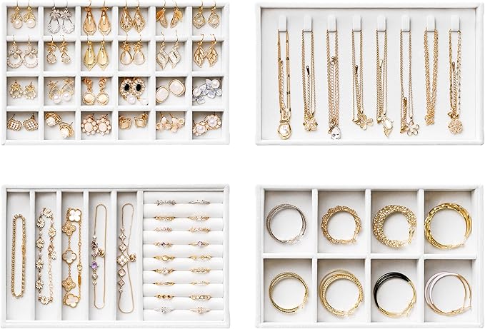 Velvet Jewelry Drawer Organizer Trays – White Stackable Jewelry Storage Inserts Set, 4-Layer Jewelry Tray Set for Earrings, R