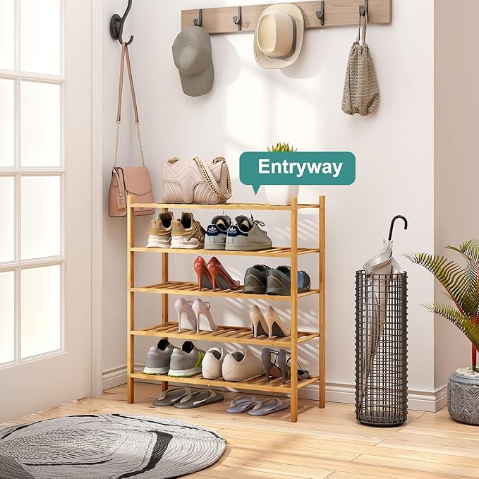 viewcare 5-Tier Bamboo Shoe Rack for Entryway, Stackable | Foldable | Natural, Shoe Organizer for Hallway Closet, Standing Sh