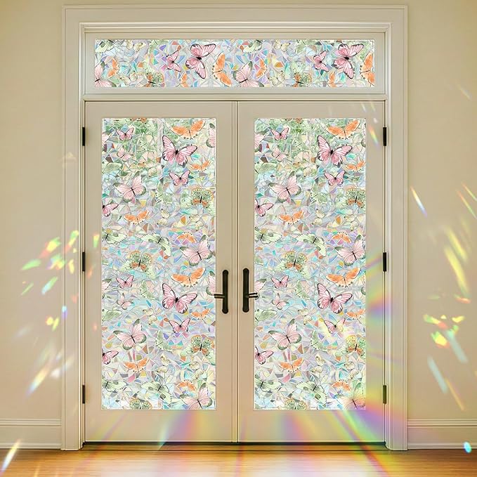Butterfly Stained Glass Privacy Window Film Decorative, Summer Rainbow Window Stickers Sunroof Decal for Car Glass Door Moonroof Heat Control Non-Adhesive, 16.9" x 39.4"