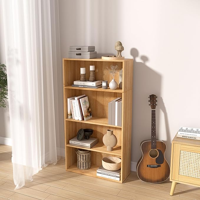 Wooden 4 Cube Storage Organizer,4 Tier Low Bookcase Storage Display Organizer, 44 Inch Versatile Cubes Shelf and Cubby Unit f