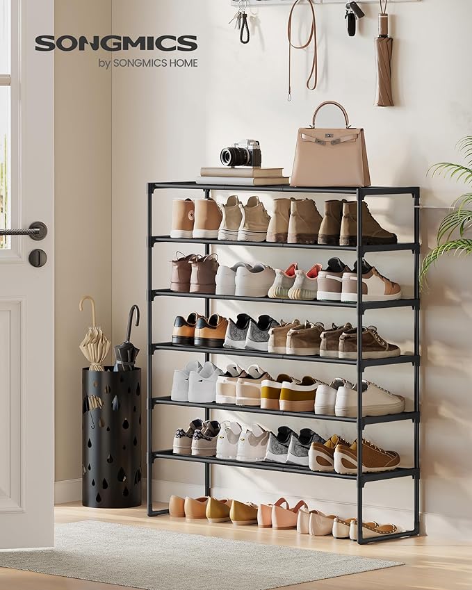 SONGMICS Shoe Rack, 6-Tier Shoe Organizer, Metal Storage Shelf, Upright or Upside Down, for 24-30 Pairs, Stackable, for Entry