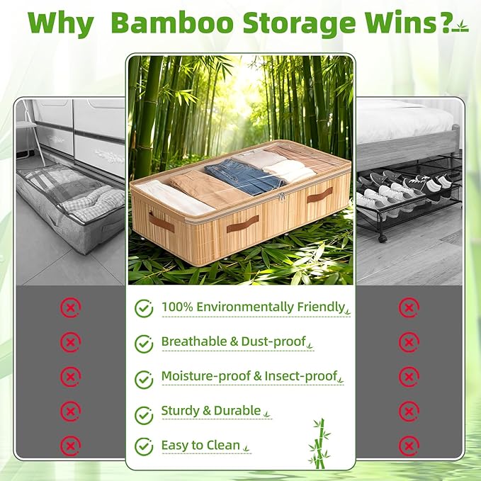 Livole 3 Pack Bamboo Under Bed Storage with Wheels, 6 inches Underbed Storage Containers, 56L XXL Rolling Under Bed Storage B