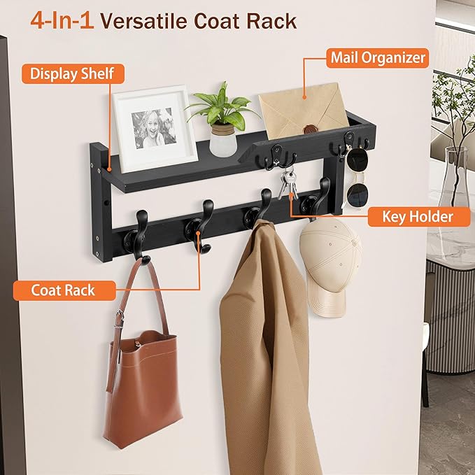 dreampossible Coat Rack Wall Mount with Shelf, Coat Hanger Wall Mount with Key Hooks and Mail Holder, Wood Entryway Floating 