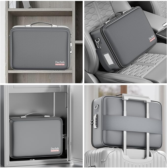 DocSafe Fireproof Document Box with Lock＆Shoulder Strap,Hard Case File Organizer with Accordion File Folder,Multi-Layer Porta