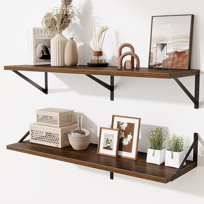 Walnut Deep Floating Shelves for Wall,36" Wx10 D Wood Wall Shelves with Metal Brackets,Hanging Storage Floating Shelf for Liv