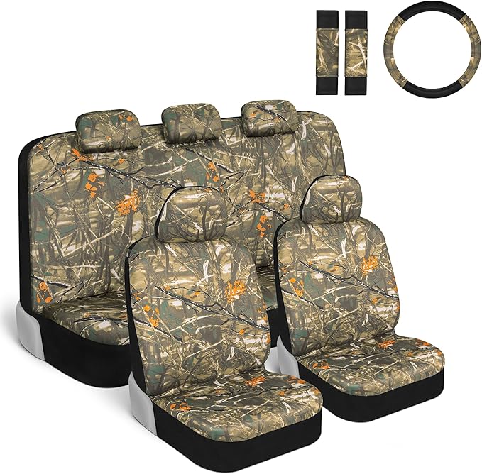 BDK Hunter Camo Car Seat Covers Full Set with Camo Steering Wheel Cover and Seat Belt Cover Pad – Forest Camouflage Pattern, 