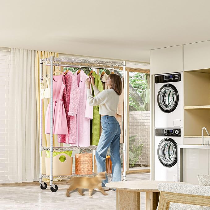 M MZG Heavy Duty Rolling Garment Rack 3 Tiers Adjustable Wire Shelving Clothes Rack with 1 Rods and Side Hooks,Storage Closet