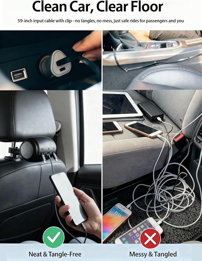 Retractable Car Backseat Charger–3-in-1 Car Backseat Charging Station, Rideshare & Private Car Essential, Fast Charge, 360° Rotating Headrest Mount – Universal USB-C/Lightning/Micro-USB for All phones