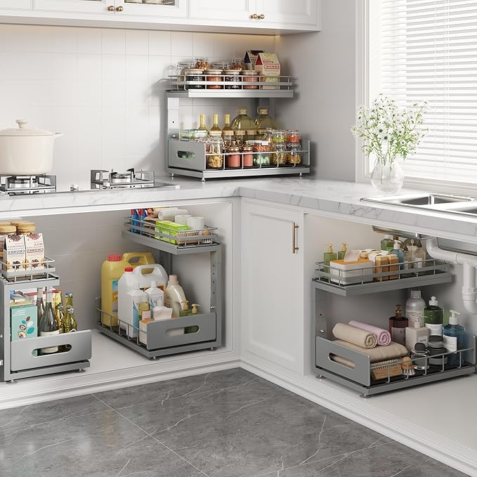 Under Sink Organizer Upgrade To Professional Rails,2-Tier Dual Pull Out Cabinet Storage,Height Adjustable Slide Out Drawers F