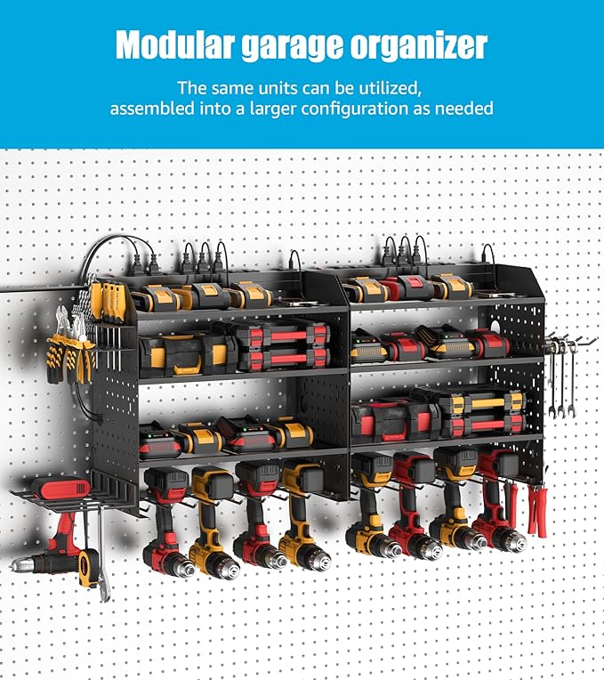 CCCEI Modular Power Tools Organizer with USB Charging Station, 4 Layer Drills and Battery Storage Wall Mount, Garage Shop Org