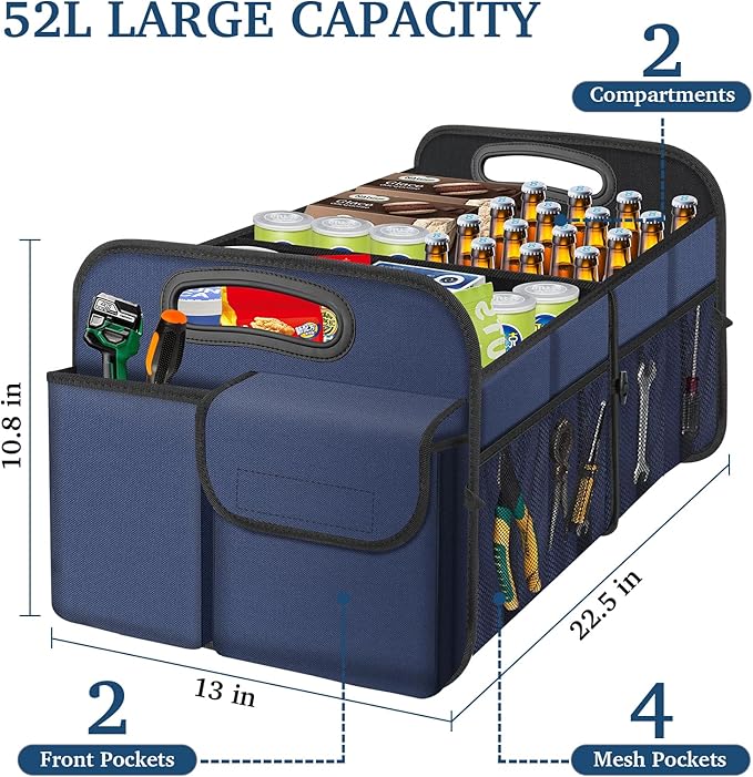 Femuar Car Trunk Organizer, Collapsible, Waterproof, Non-Slip, Blue, 52L, 5 Compartments, Rectangular, Portable, Practical