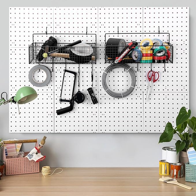Shimeyao 2 Pcs Pegboard Accessories Set Including 2 Pegboard Baskets Bins with 5 Hooks 4 extra Hooks Black Metal Wire Basket 