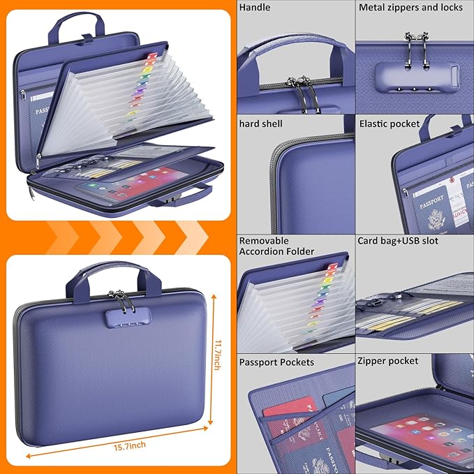 Fireproof File Organizer with Lock, Hard Case Fireproof Document Box with 13 Pockets Accordion File Folder, Important Documen