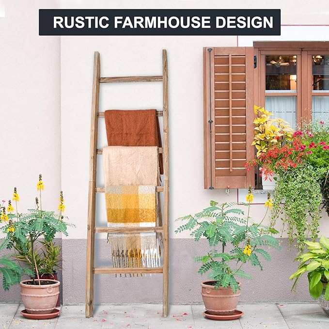 Blanket Ladder 6.4FT, Wooden Blanket Ladders for The Living Room, 6-Layer Farmhouse Rustic Towel Rack for Living Room Bathroo