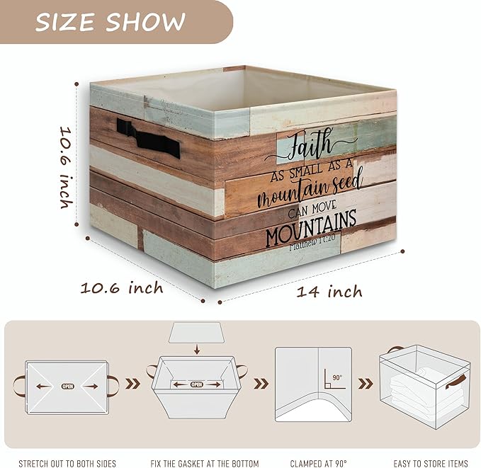 Retro Farmhouse Christian Bible Basket Foldable Storage Bins Box with Handles, Matthew 17:20 Bible Verse Religious Collapsibl