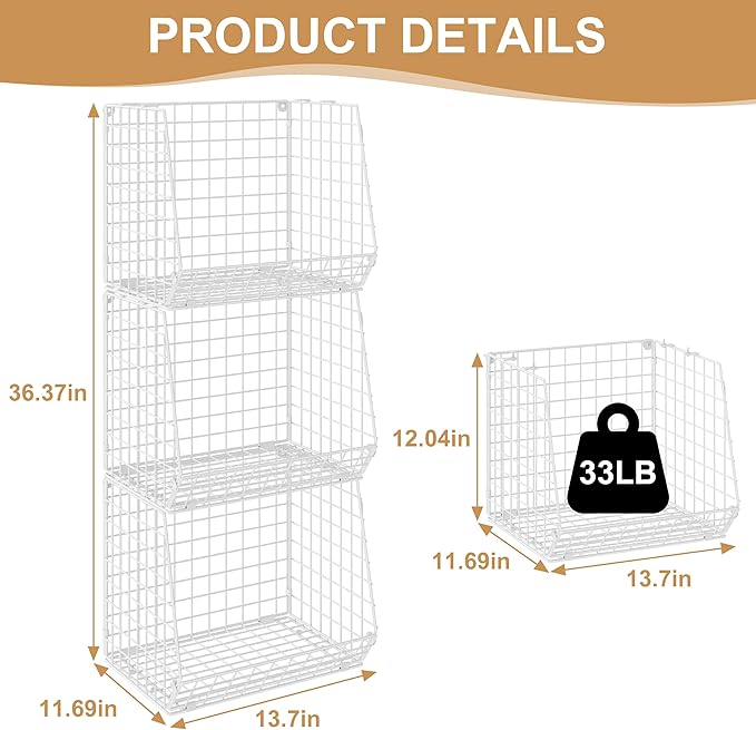 3 Pack Screw Mount Under The Wooden Shelf Laundry Room Organizer: Foldable Wire Basket Space Saving Over The Washer and Dryer