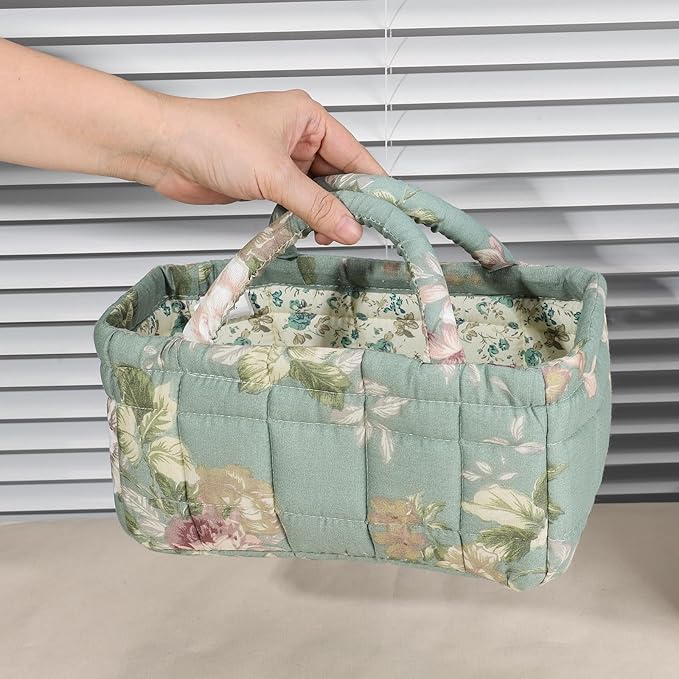 Small Storage Basket Organizer, Mini Fabric Floral Storage Baskets with Handle, Quilted Portable Collapsible Storage (G)