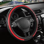 Road Comforts Leather Steering Wheel Cover – Black & Red Universal Fit 14.5-15 Inch, Microfiber Leather, Anti-Slip & Breathab