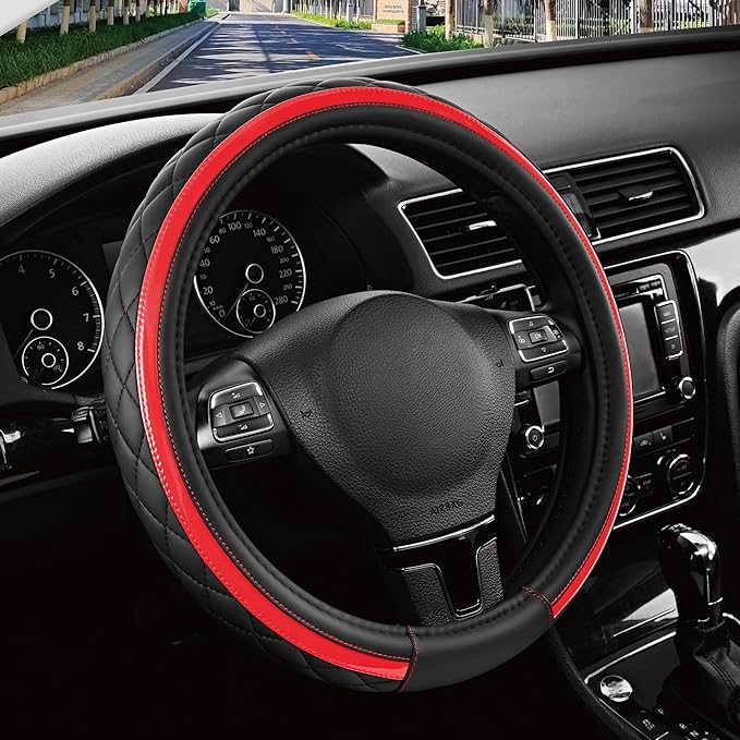 Road Comforts Leather Steering Wheel Cover – Black & Red Universal Fit 14.5-15 Inch, Microfiber Leather, Anti-Slip & Breathab