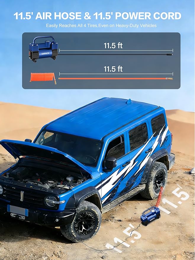 GSPSCN 6X Faster Inflation Tire Inflator Heavy Duty Double Cylinders with Portable Bag- Car Accessories，Metal 12V Air Compressor Pump 150PSI with Adapter for Car, Truck, SUV Tires, Dinghy, Air Bed