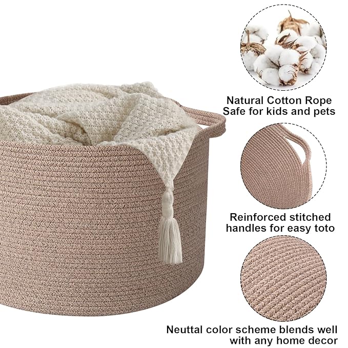 90L Large Blanket Basket,21.7"L x 21.7"W x 13.8"H Rope Woven Baskets with Handles,Brown Storage Bins,Laundry Basket Perfect f