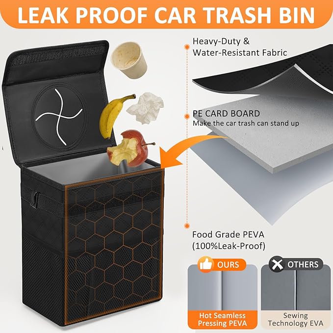 Car Trash Can for Cute, Bag Bin Hanging Waterproof Automotive Car Garbage Cans Leak Proof Vehicle Trash Can Diamond Pattern-Black