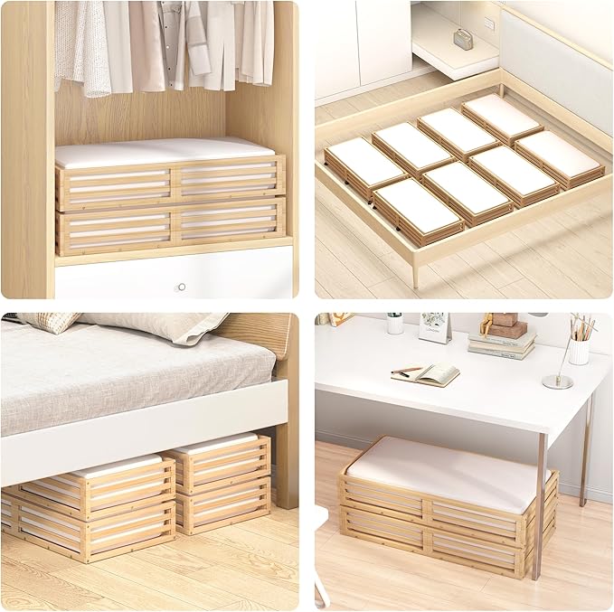 Wisuce Bamboo Under Bed Storage Containers- Underbed Organizer with Wheels with Large Dust Bag,Sturdy Wood Rolling Under the 