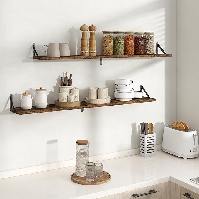 Floating Shelves, 8 Inch Deep Rustic Wood Wall Storage, 48W x 8D Wall Shelves Set of 2, Heavy Duty Metal Brackets, Industrial