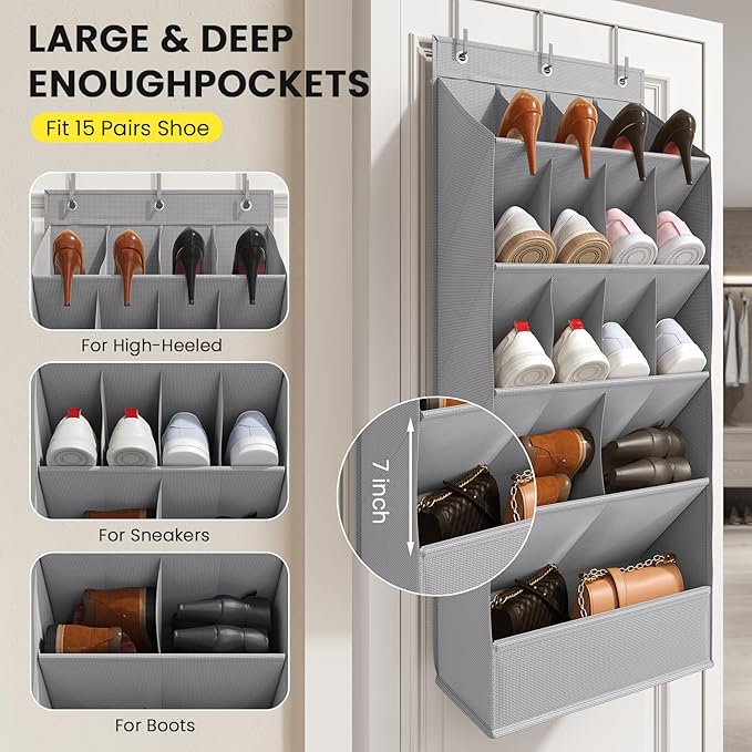 15 Pockets Over the Door Shoe Organizer, Shoe Rack for Closet Door with Large Breathable Pockets, Hanging Shoes Rack for Boot