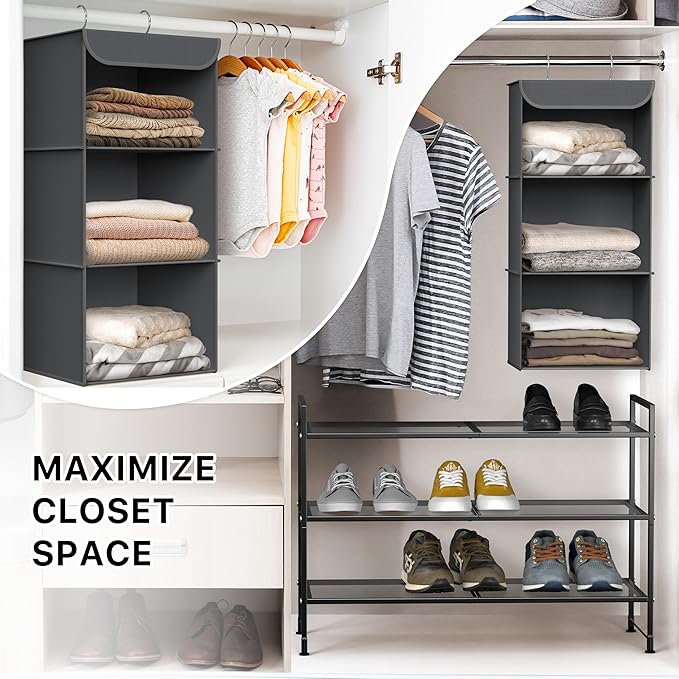 Simple Houseware 3-Shelf Hanging Closet Organizer, Fabric Storage Shelves with 57L Capacity, Dark Gray