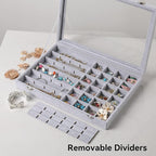 Frebeauty 48 Grid Jewelry Tray,Adjustable Earring Holder Organizer with Glass Lid,Velvet Drawer Jewelry Organizer for Rings,S