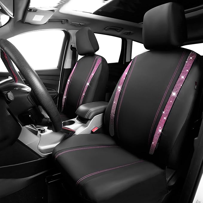 CAR PASS Leather Bling Diamond Car Seat Covers 2 Front Interior Sets, Waterproof Universal Shining Glitter Crystal Sparkle Fit for Automotive Truck SUV Cute Women Girl, Black Pink Rhinestones