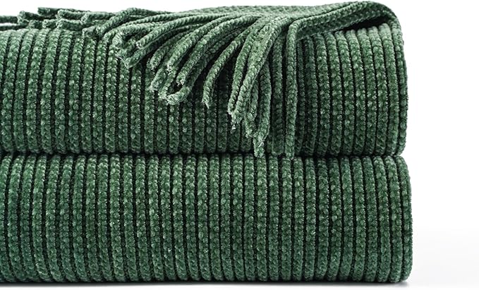 BATTILO HOME Dark Green Throw Blanket for Couch, Soft Chenille Knit Throws with Tassels for Home Decor, Christmas Green Throw
