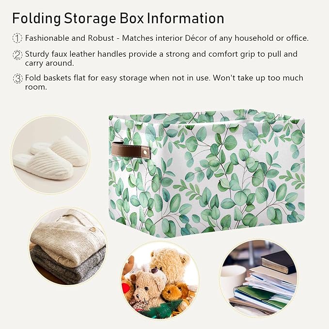 xigua Green Leaves Storage Basket Collapsible Storage Bins Waterproof Canvas Storage Basket with Leather Handles for Home Clo