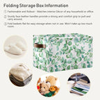 xigua Green Leaves Storage Basket Collapsible Storage Bins Waterproof Canvas Storage Basket with Leather Handles for Home Clo